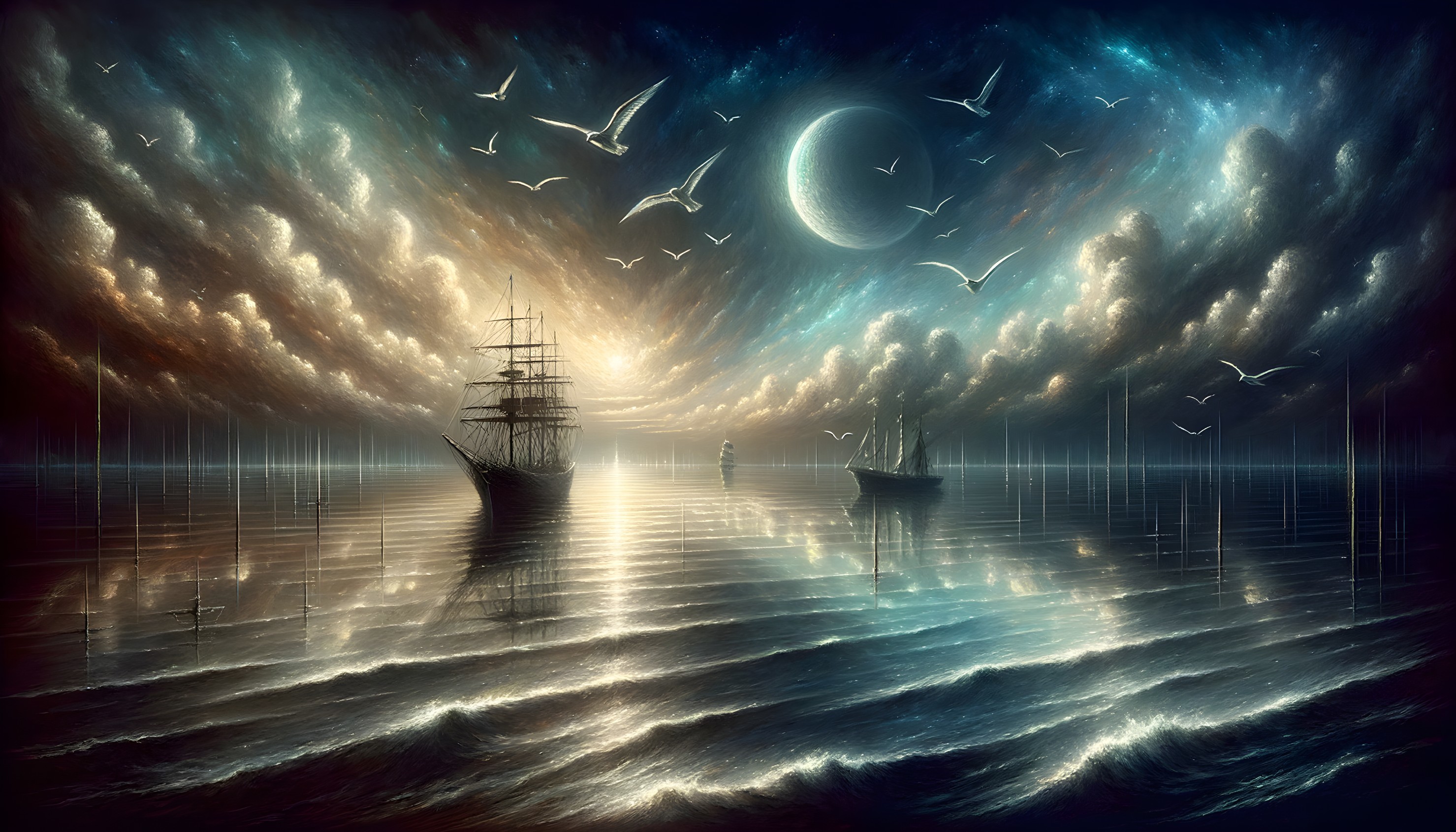 Surreal Seascape with Sailing Ships and Ethereal Sky