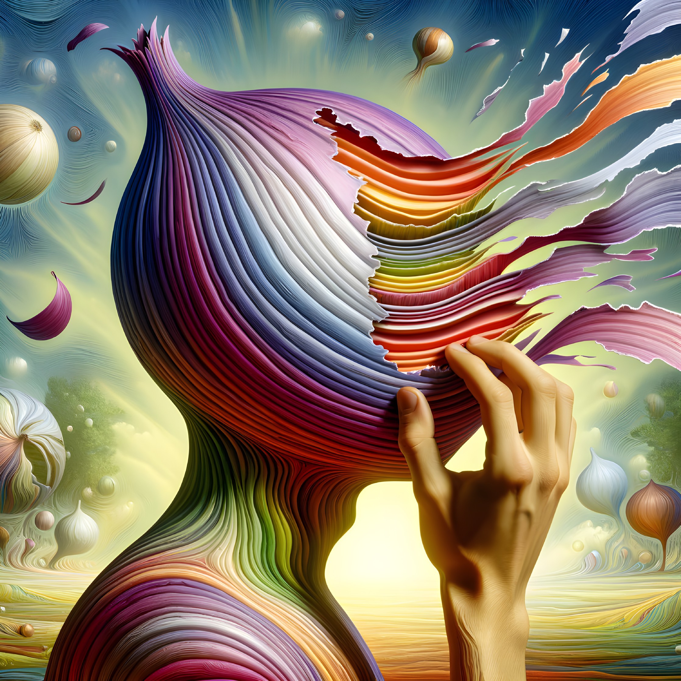 Surreal Figure with Vibrant Head and Ethereal Landscape