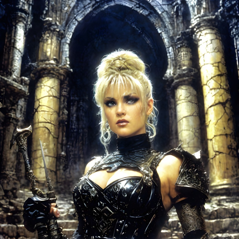 Woman in Black Armor with Sword in Gothic Cathedral
