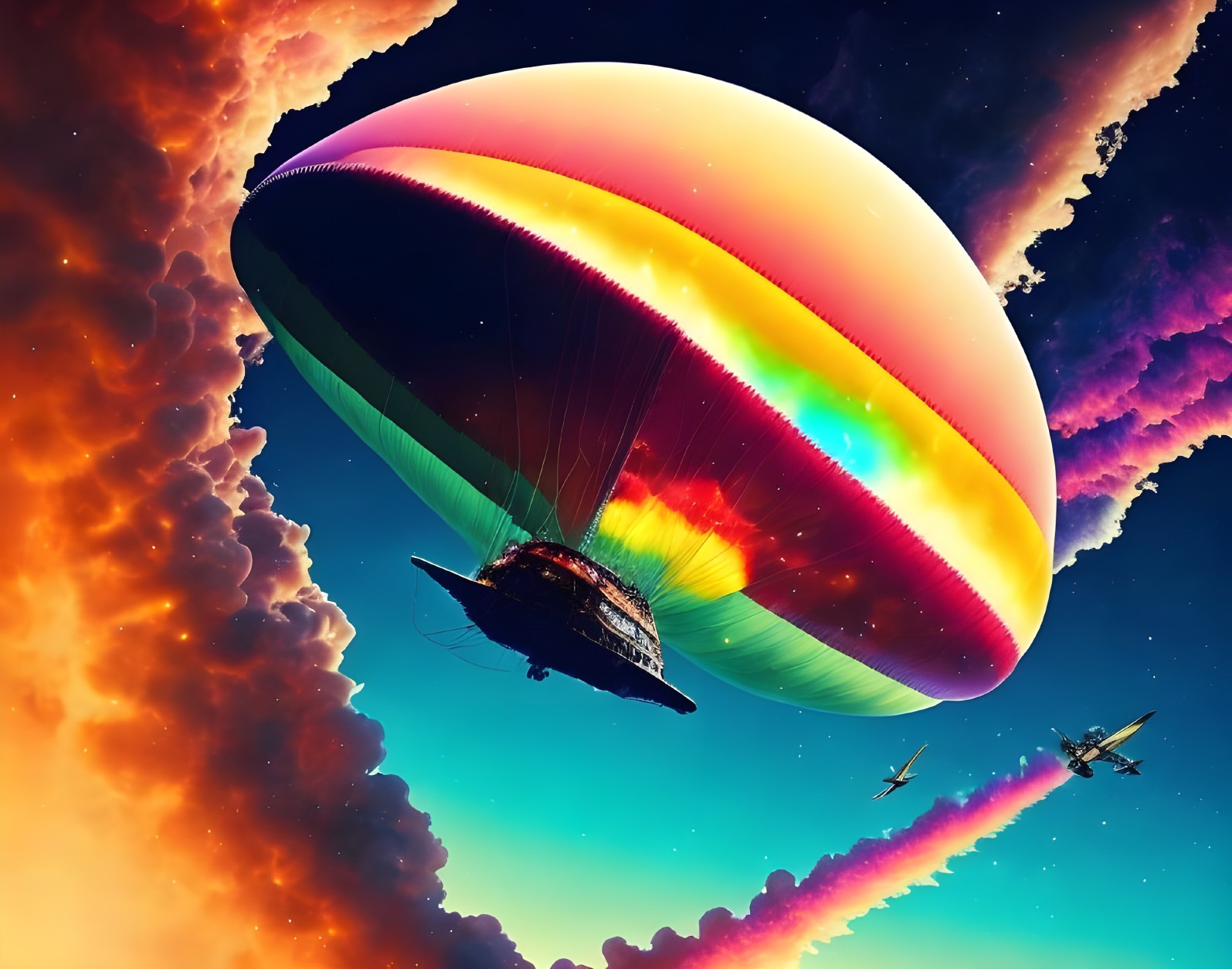 Colorful digital art: Large iridescent spacecraft in vibrant nebulous sky