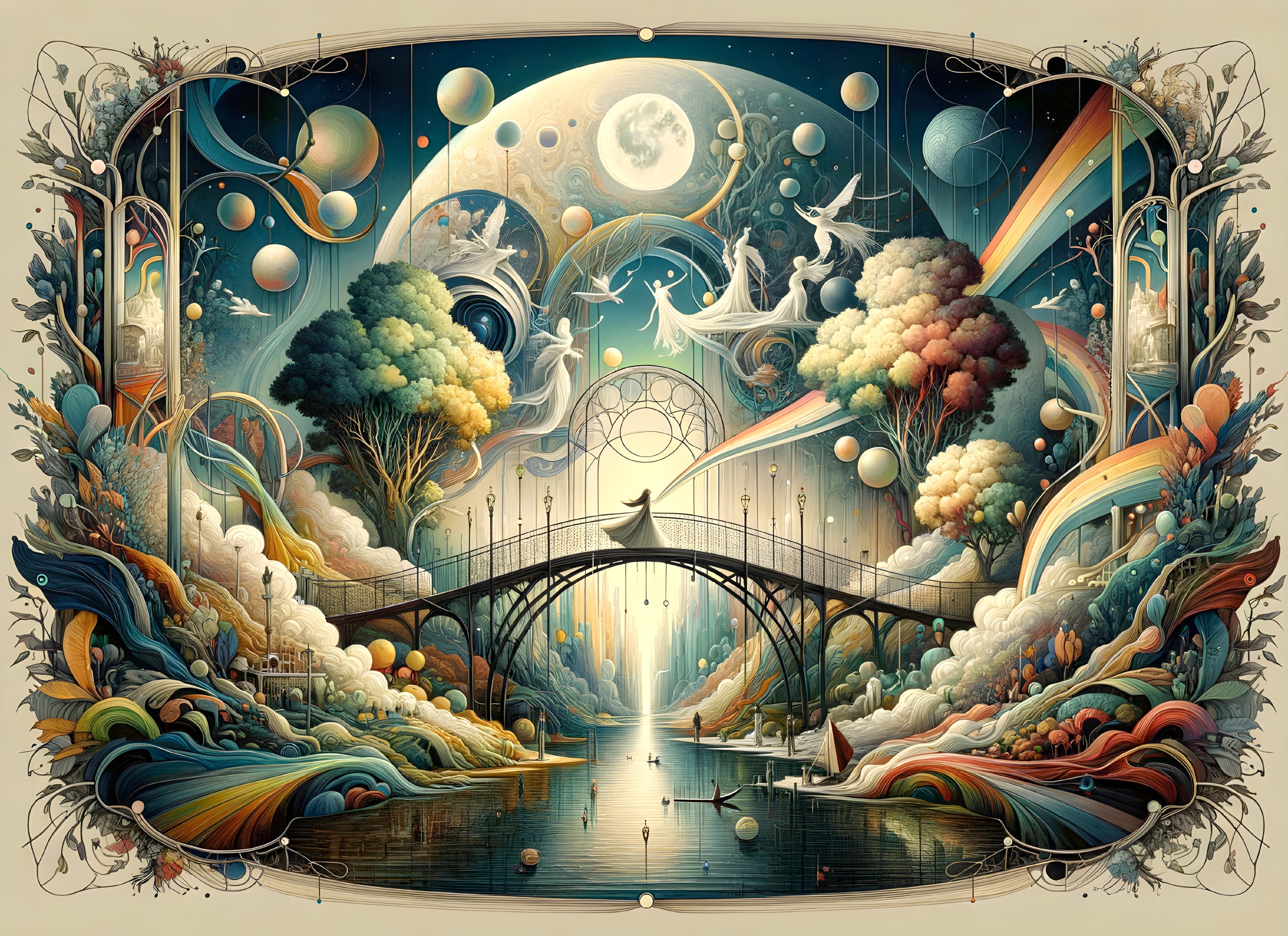 Surreal Landscape with Bridge and Ethereal Figures