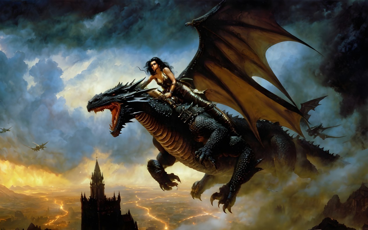 Warrior woman on dragon in fiery landscape with castle and flying dragons