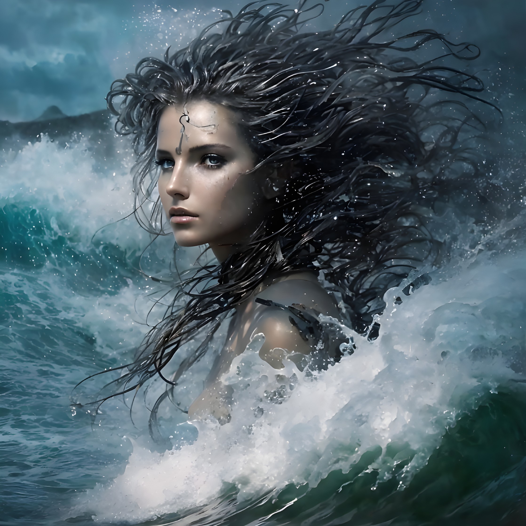 Mystical Figure Amidst Turbulent Ocean Waves