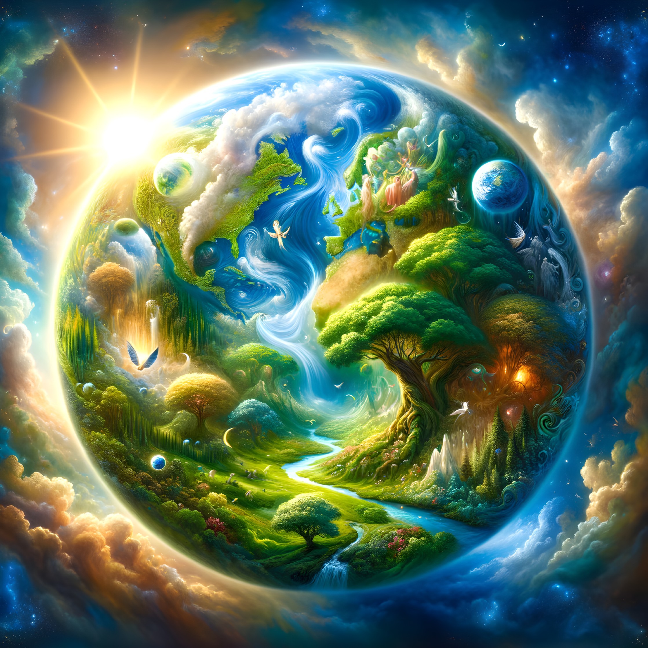 Surreal Lush Planet with Majestic Tree and River