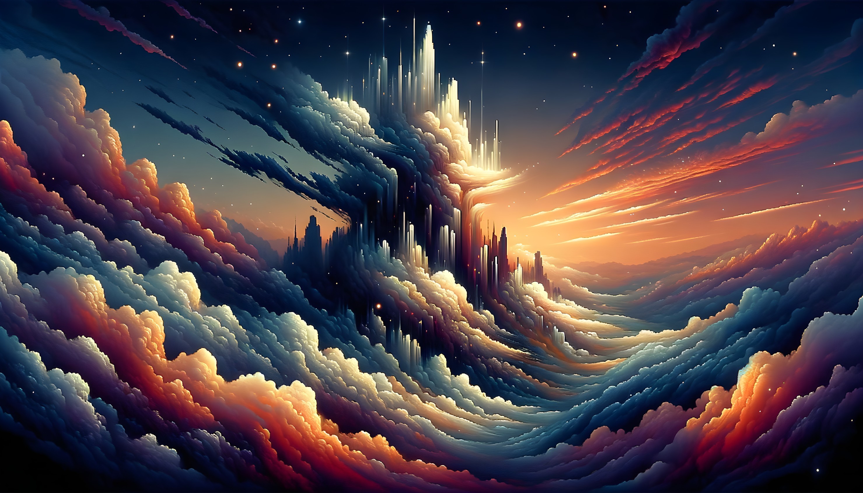 Surreal Landscape with Ethereal Spires and Vibrant Sky