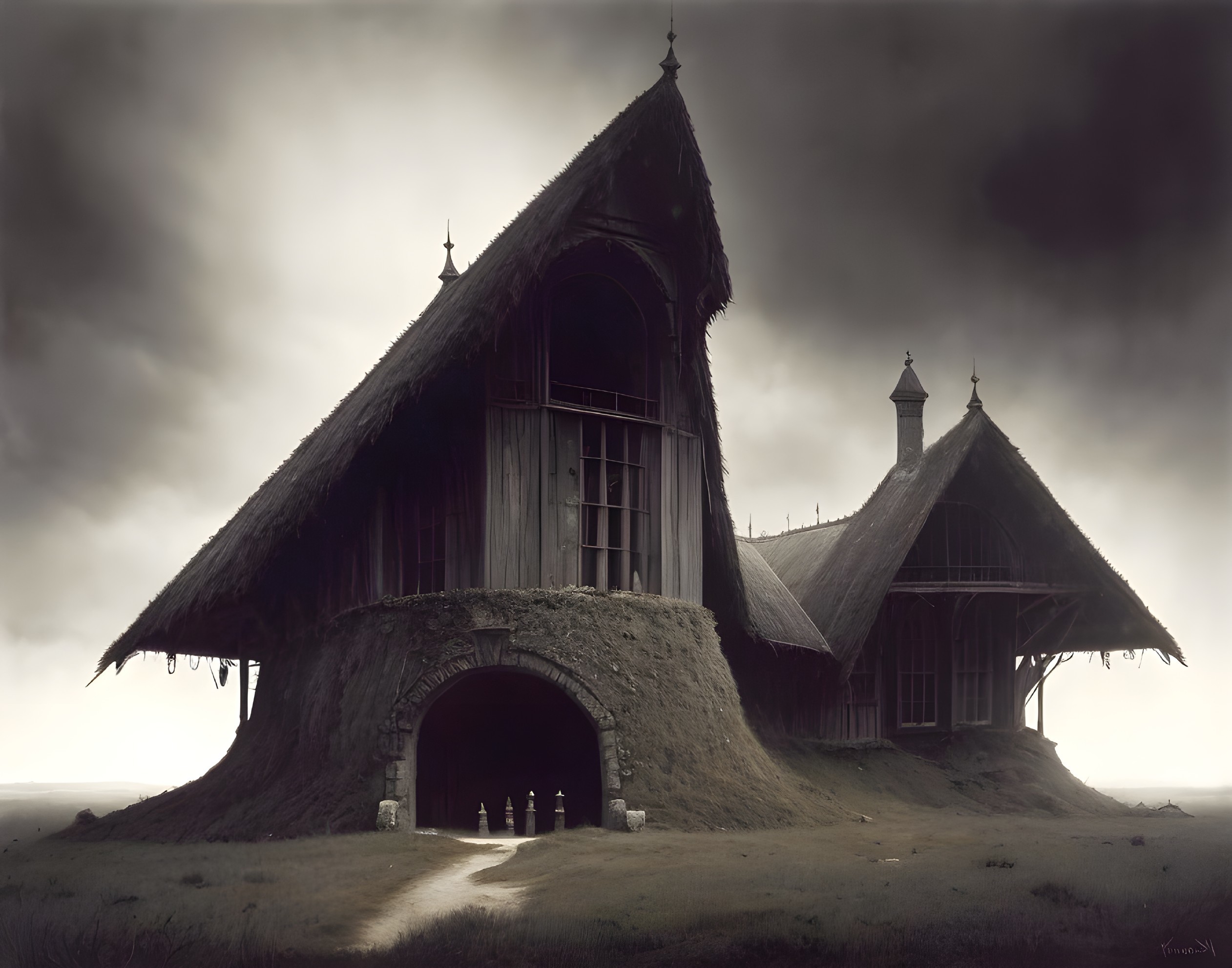 Surreal Gothic House with Thatched Roof and Windows