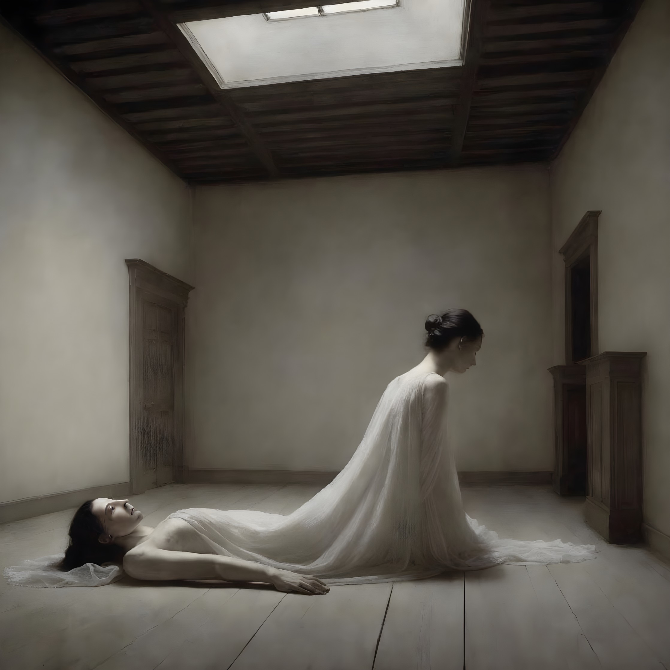 Dimly Lit Room with Ethereal Figures and Skylight