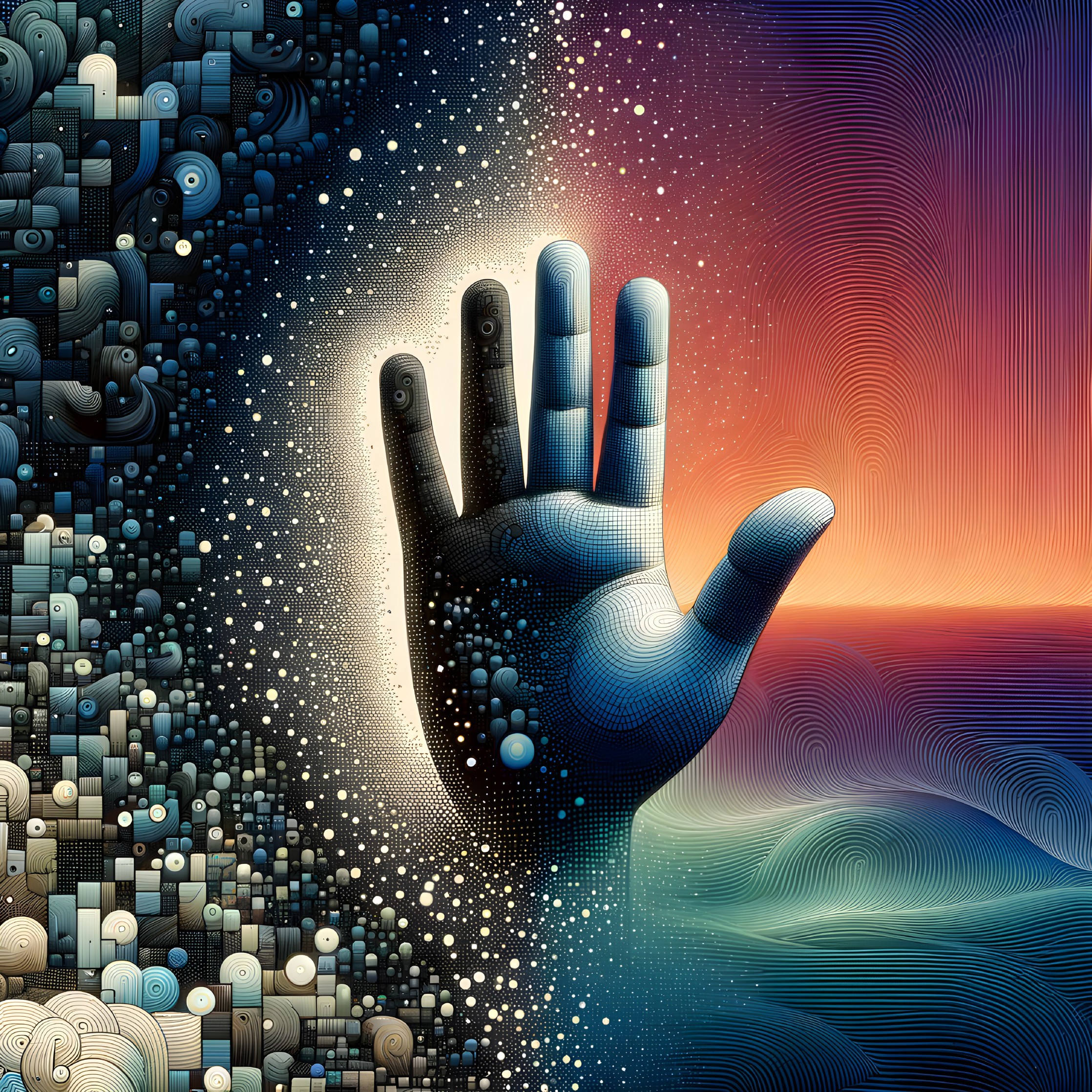 Stylized Hand Surrounded by Colorful Patterns and Landscape