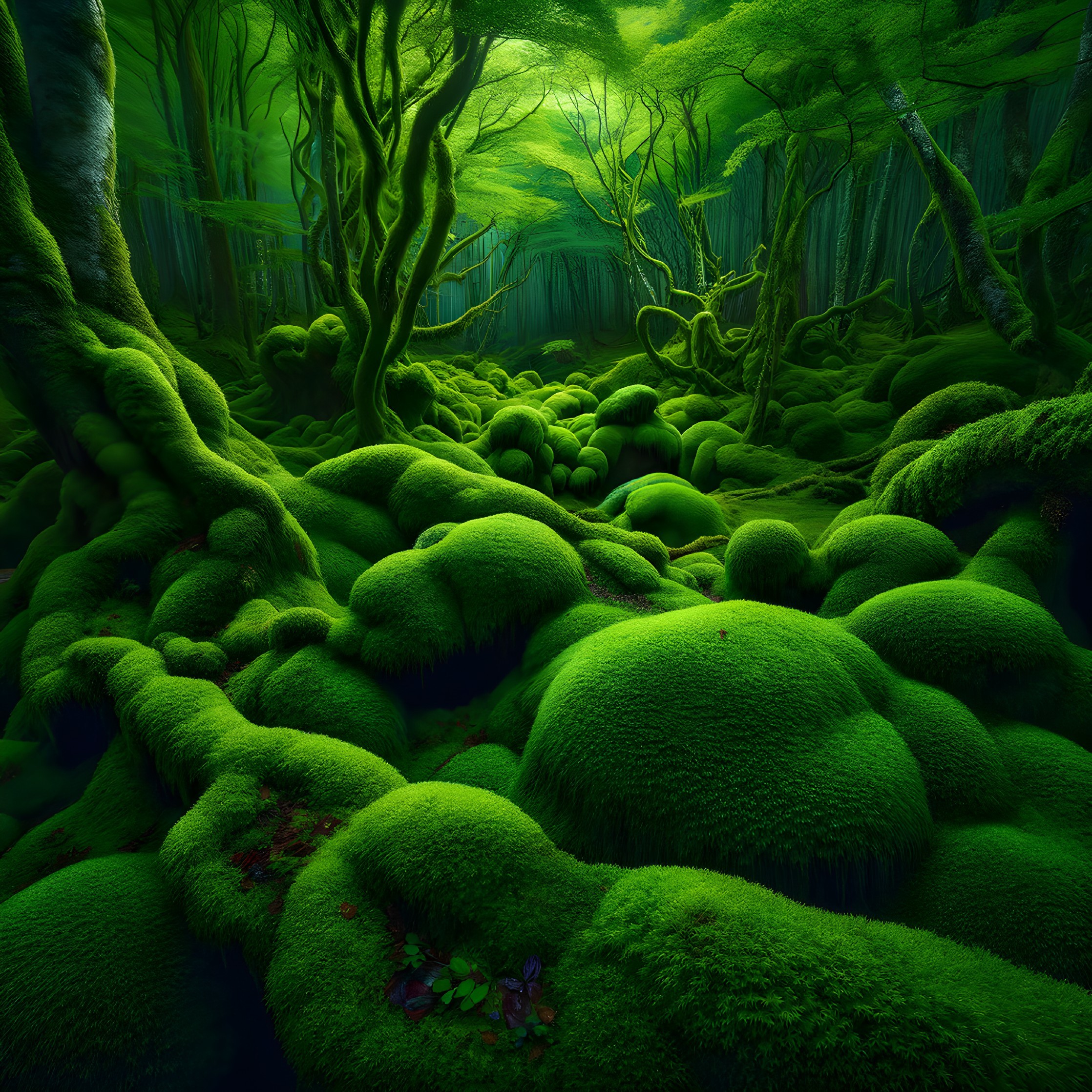 Lush Forest Scene with Moss-Covered Terrain and Trees