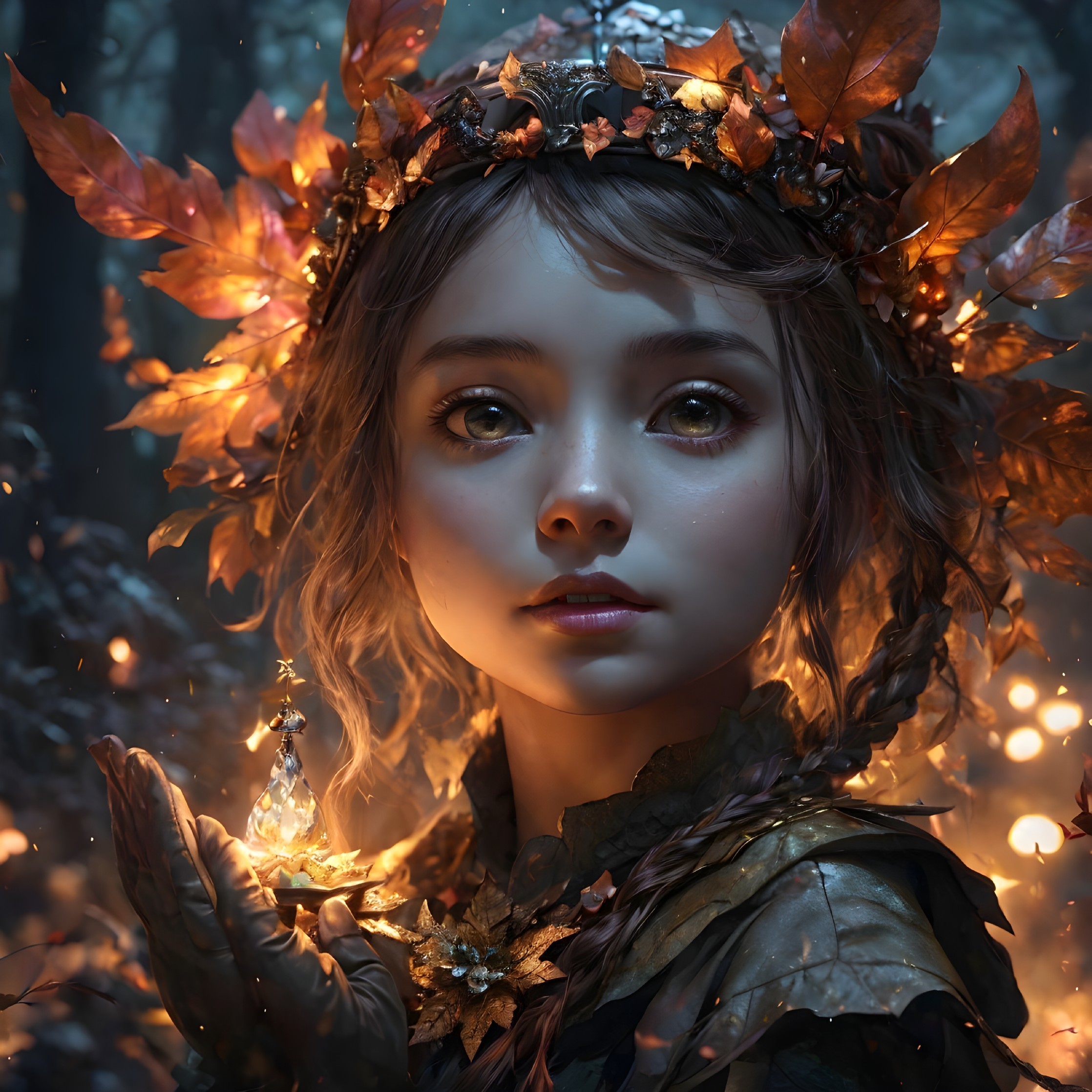 Young girl in mystical forest with glowing crystal
