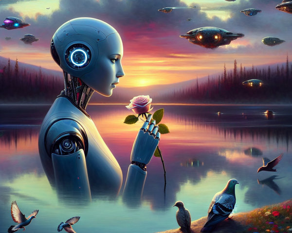 Futuristic Robot by Lake with Sunset and UFOs