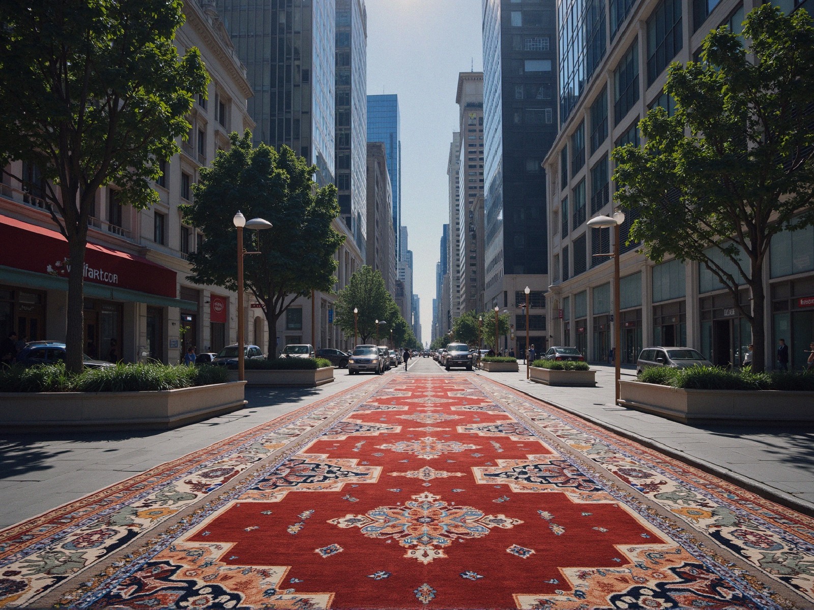Vibrant Red Carpet on City Street with Modern Buildings
