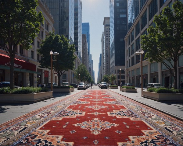 Vibrant Red Carpet on City Street with Modern Buildings