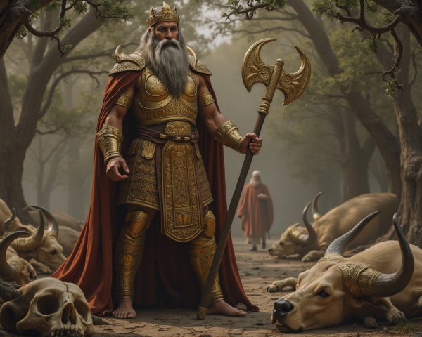 Warrior in Ancient Armor with Double-Headed Axe