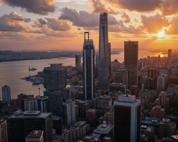 Sunset Skyline with High-Rise Buildings and River