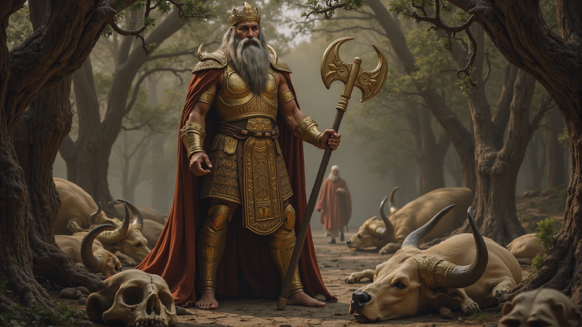 Warrior in Ancient Armor with Double-Headed Axe