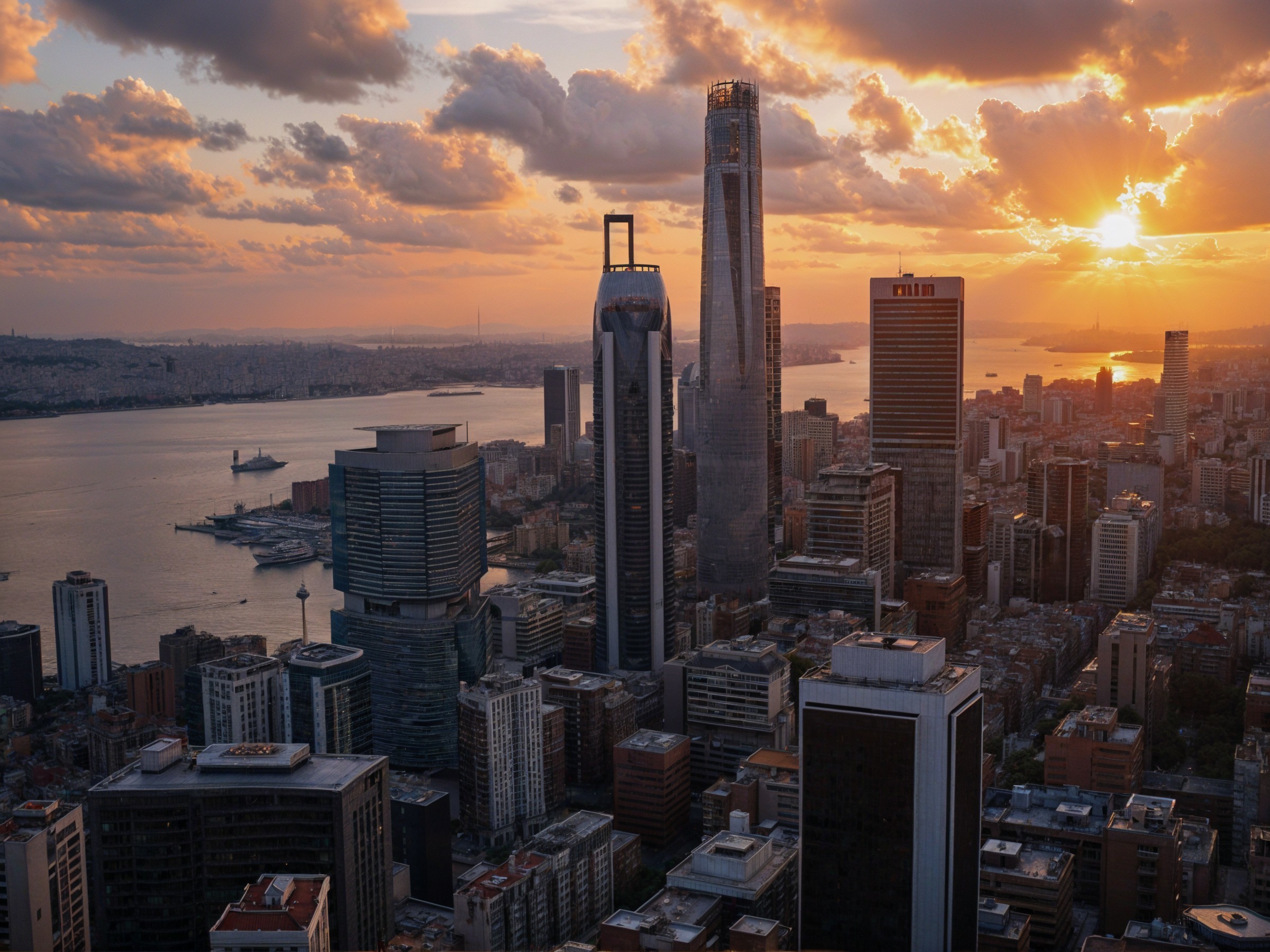 Sunset Skyline with High-Rise Buildings and River