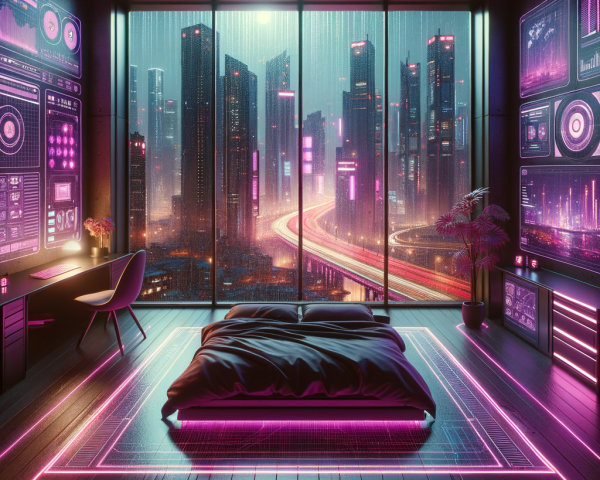 Modern Bedroom with Neon Lights and City View