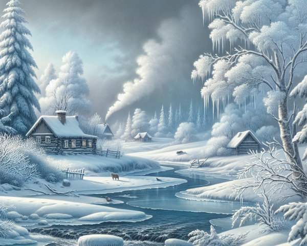 Serene Winter Landscape with Snowy Cottages and River