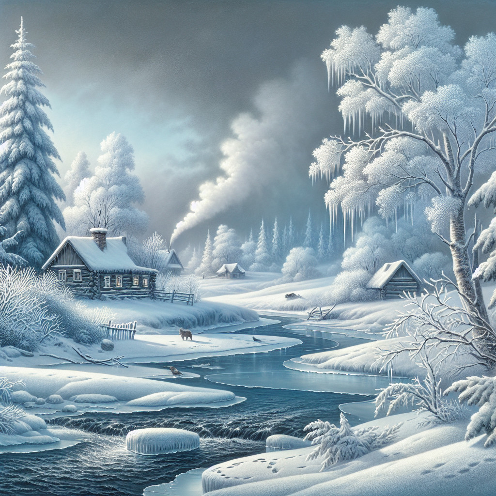Serene Winter Landscape with Snowy Cottages and River