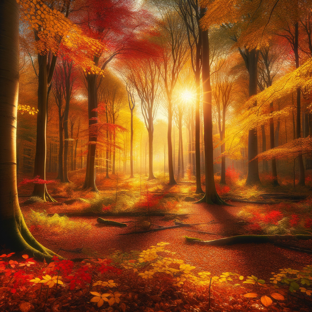 Autumn Forest Scene with Vibrant Foliage and Sunlight