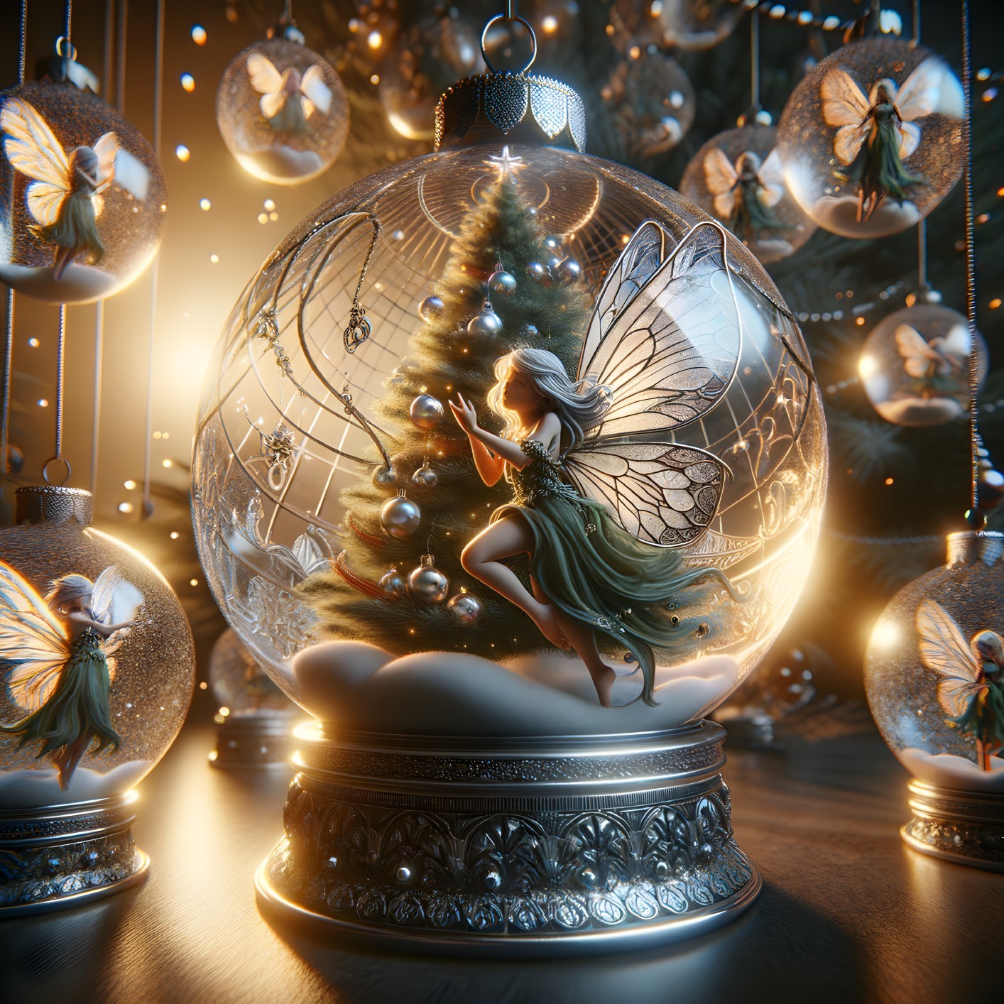 Enchanting Fairy Christmas Ornaments Glowing in Soft Light