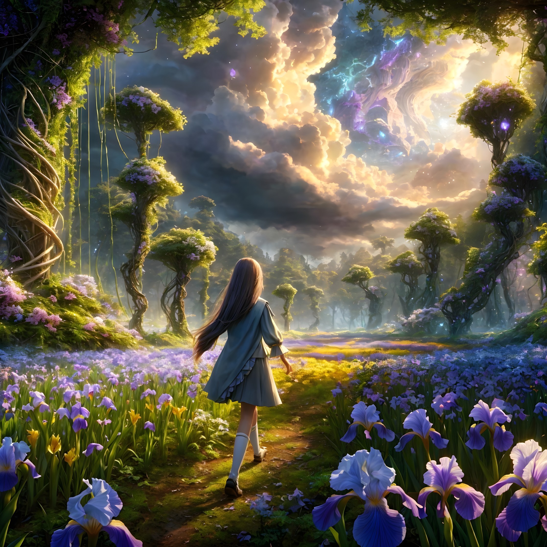 Girl Approaching Mystical Vortex in Enchanted Forest