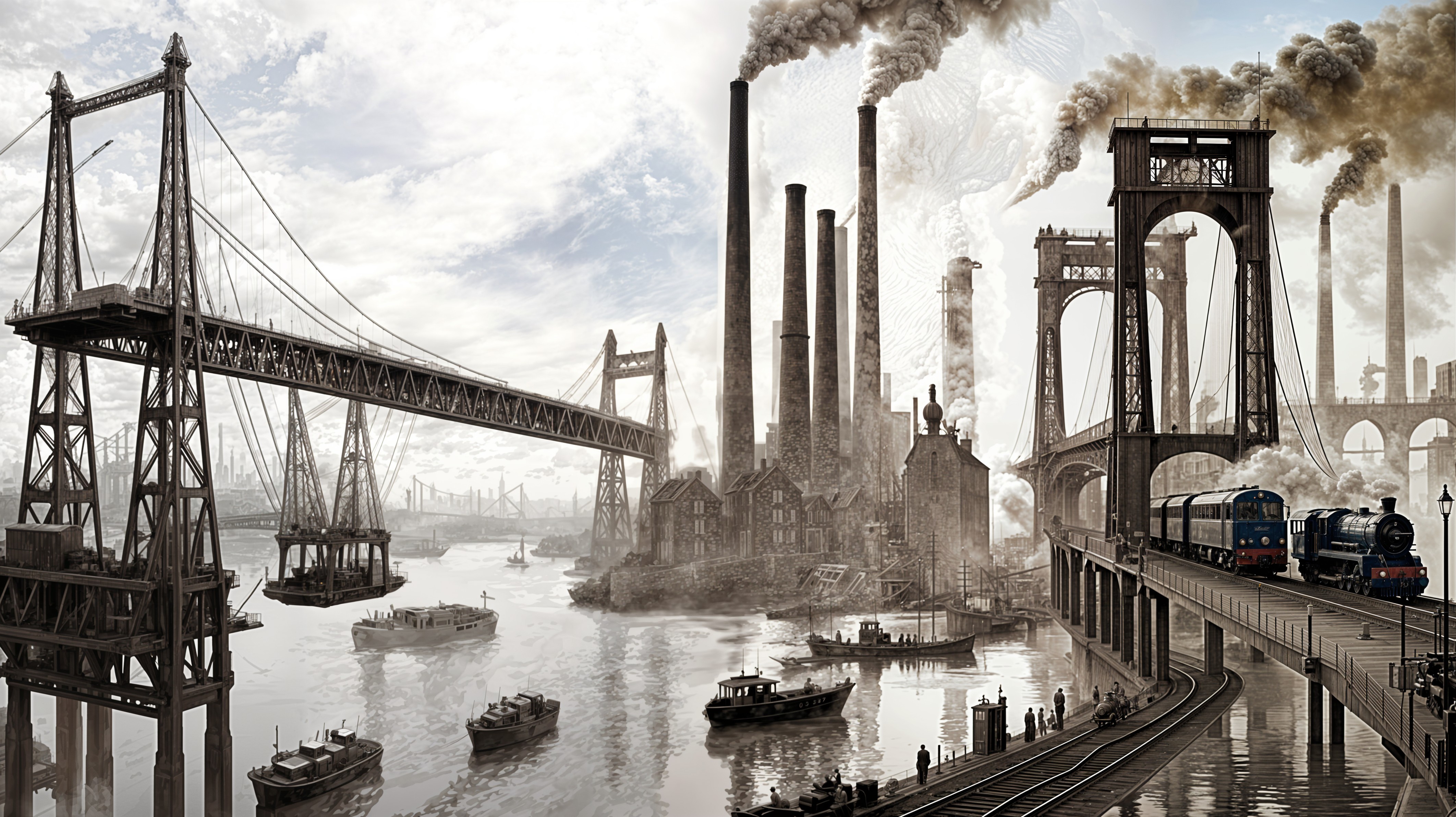 Industrial Scene with Smokestacks and Historic Bridges