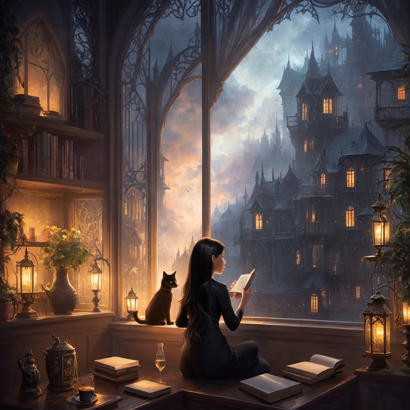 Young Woman Reading by Window with Cat and Cityscape