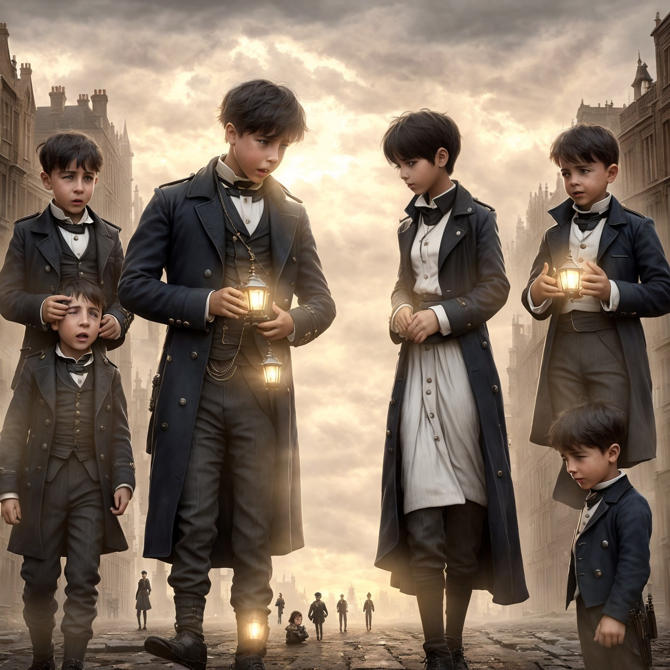 Children in Victorian Clothing with Lanterns on Street