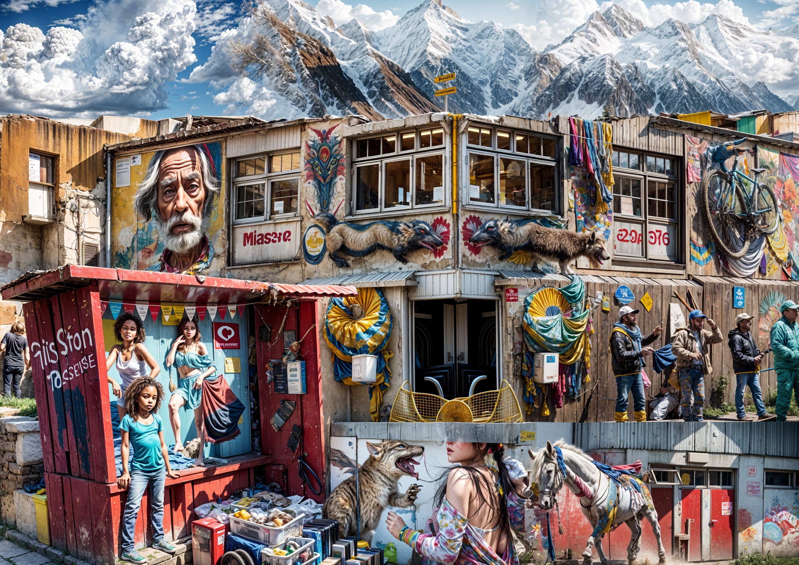 Colorful Building with Murals and Snow-Capped Mountains