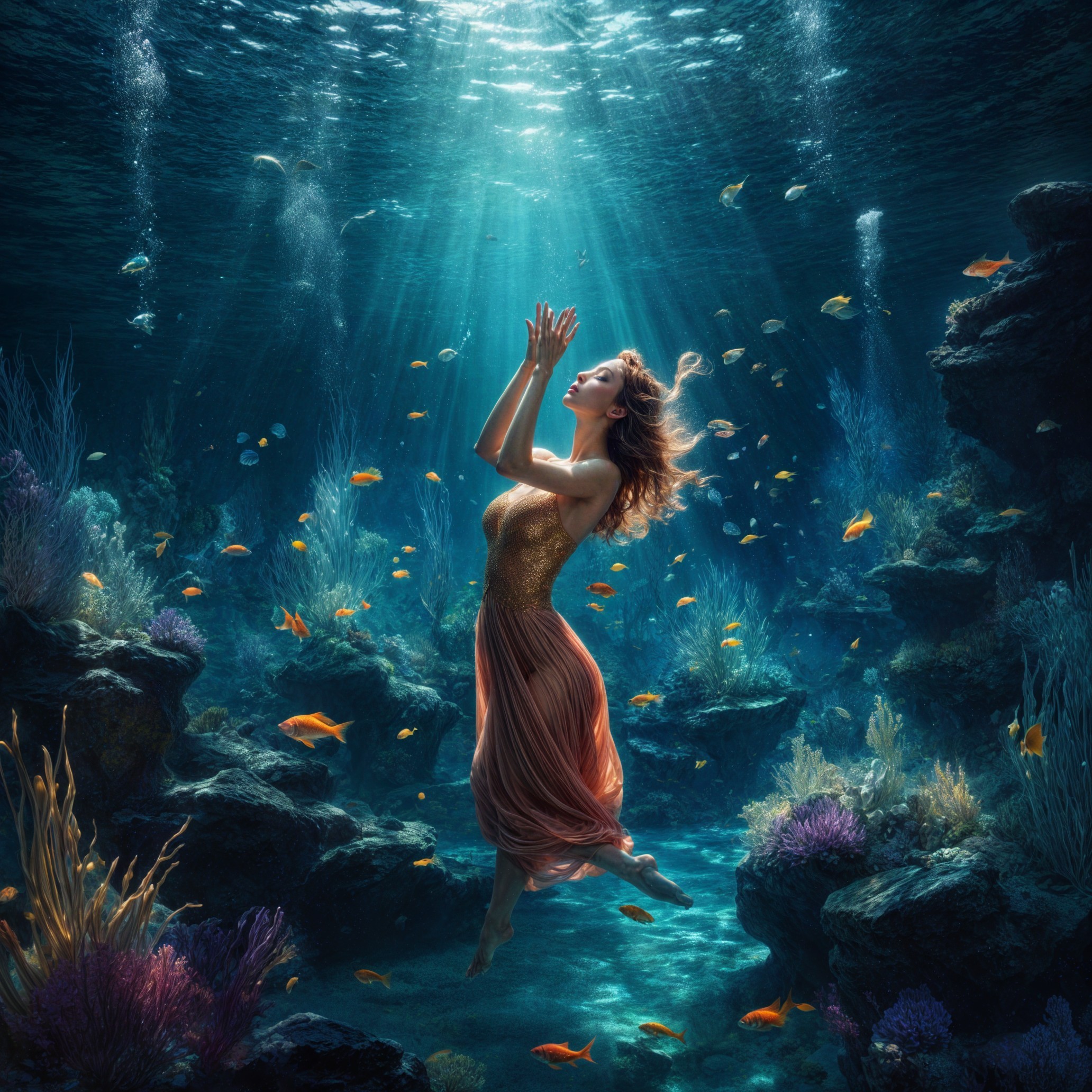 Underwater Scene of a Woman in a Golden Dress