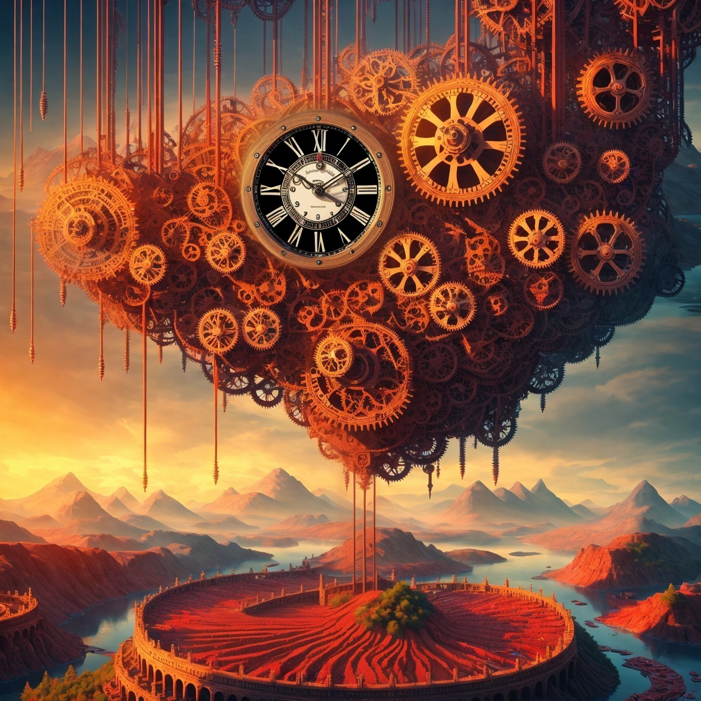 Surreal Landscape with Clock and Floating Gears