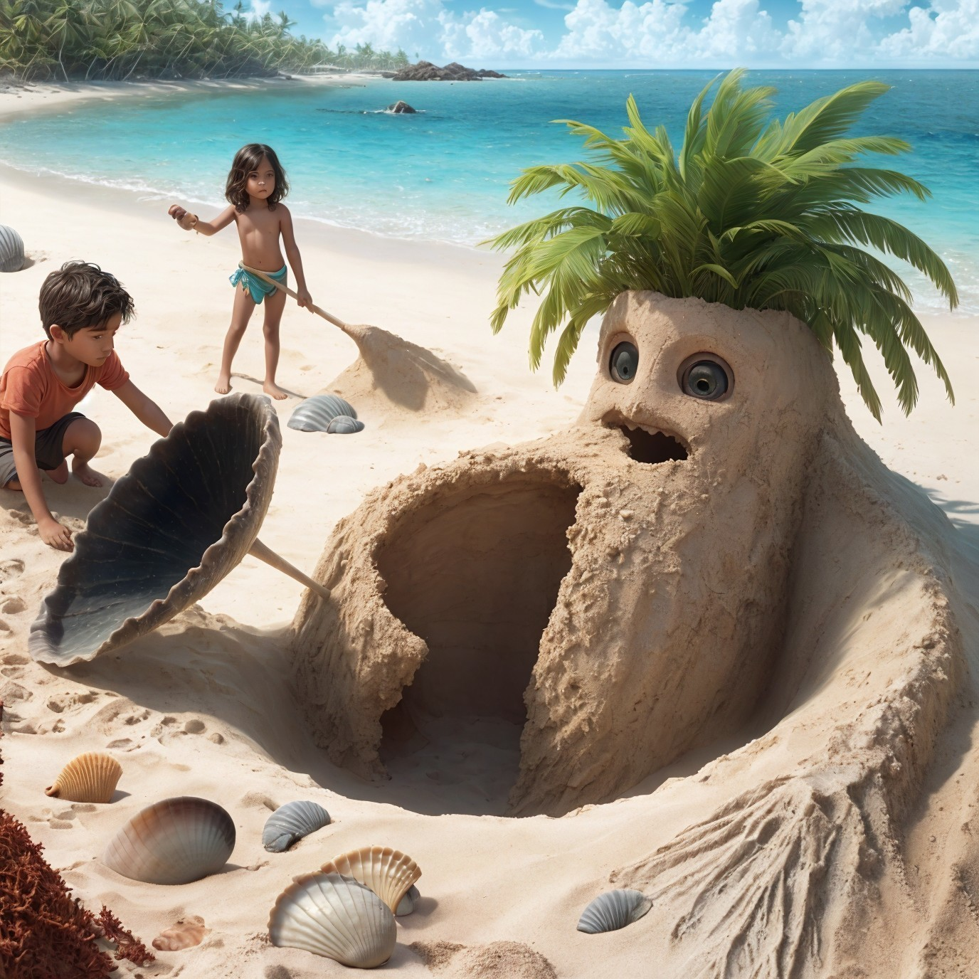 Children Building a Sand Creature on a Sunny Beach