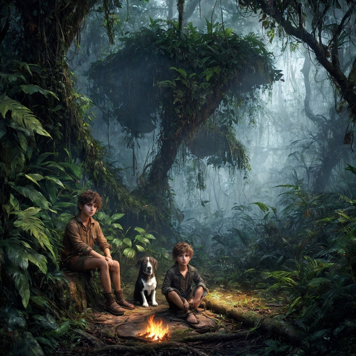 Boys and Dog by Campfire in Misty Jungle