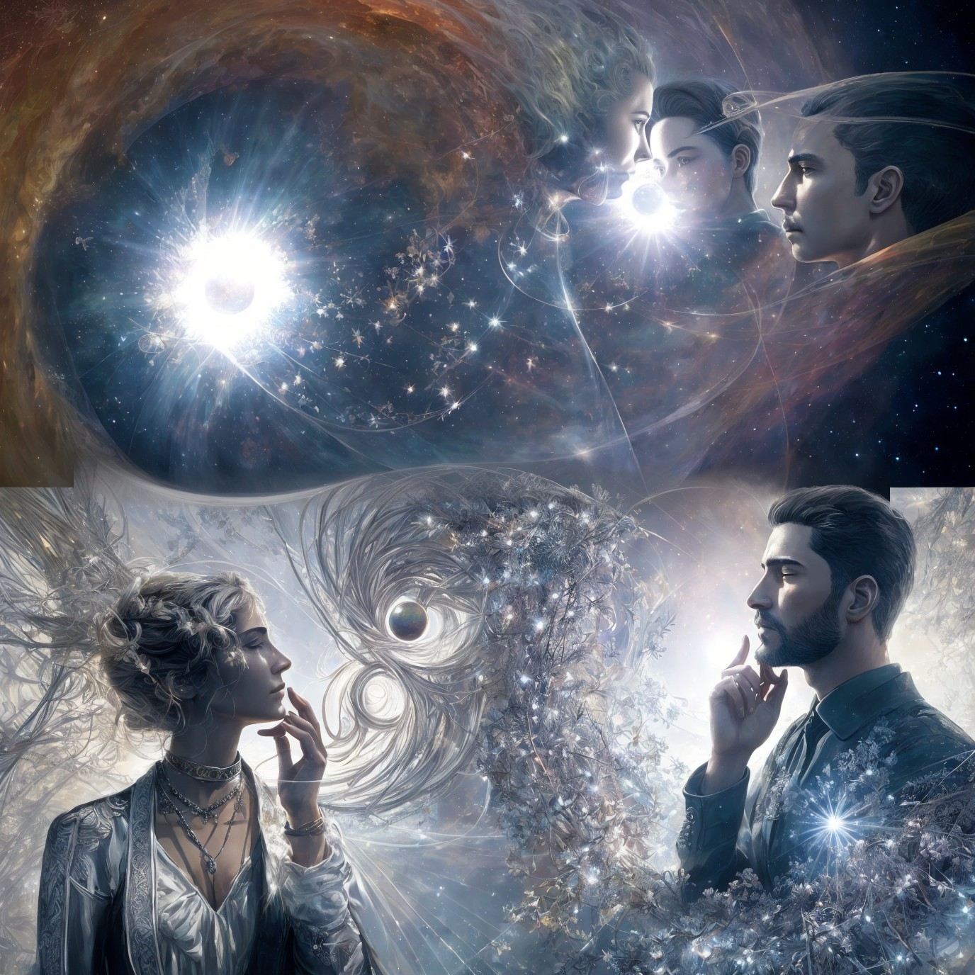 Ethereal digital artwork with cosmic portraits of man and woman