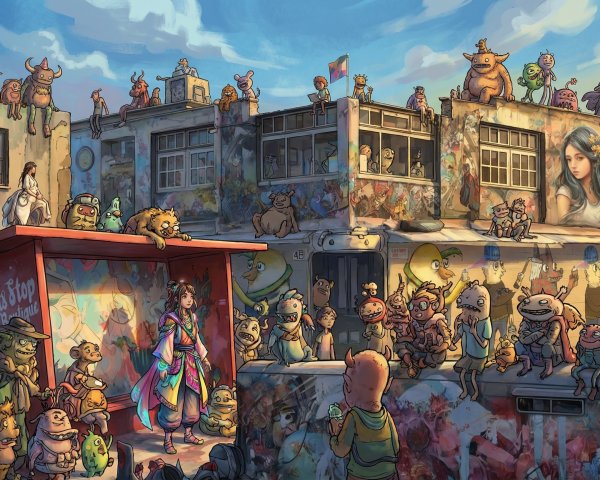 Vibrant Digital Painting of Fantastical Creatures at Bus Stop