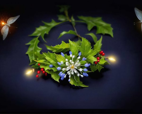 Dark Blue Image with Holly Wreath and Lanterns