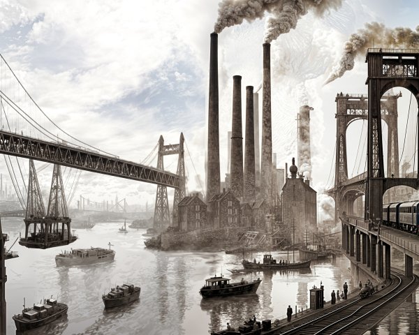 Industrial Scene with Smokestacks and Historic Bridges