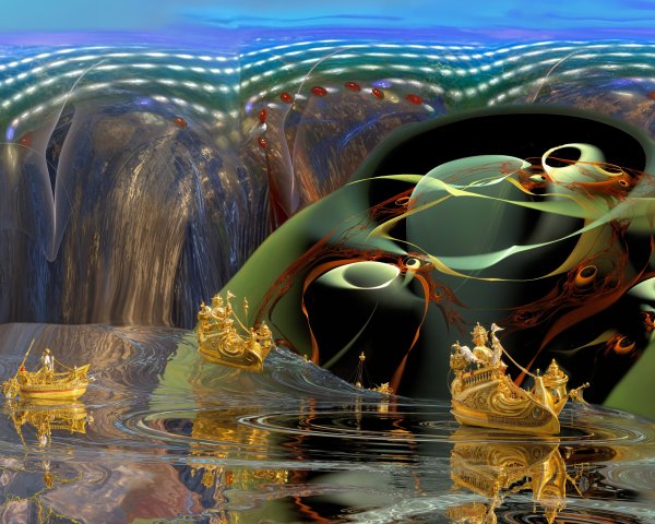 Surreal Landscape with Reflective Water and Boats