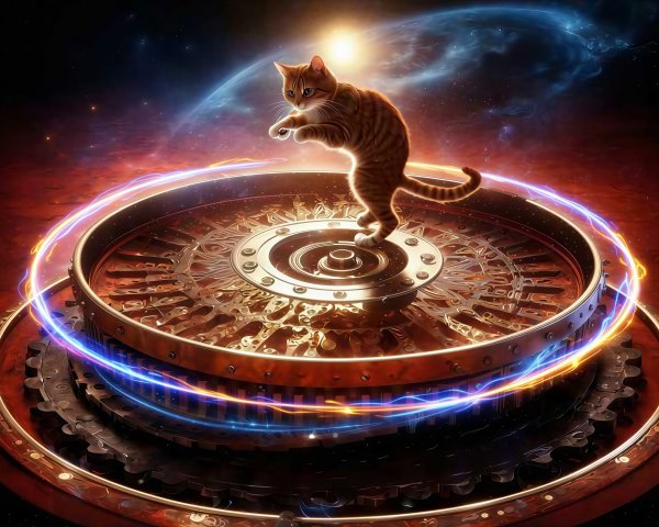 Orange Tabby Cat on Clock Mechanism in Cosmic Setting