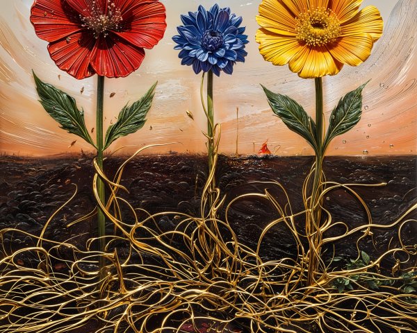 Vibrant Flowers Against a Serene Sunset Background