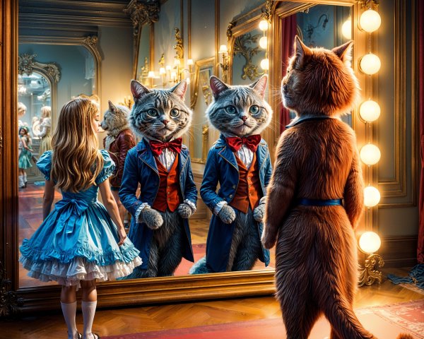 Whimsical Scene of a Girl and Dapper Cats in Mirrors
