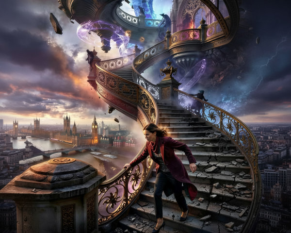 Digital Painting of Woman Running Up Curving Stairs