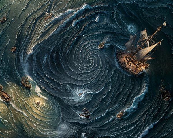 Tumultuous Ocean Scene with Ships in Vortex
