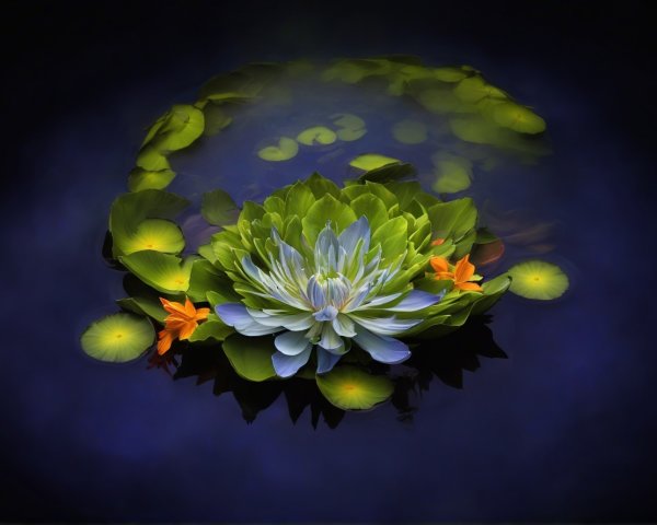 Vibrant Water Lily Surrounded by Green Pads and Flowers