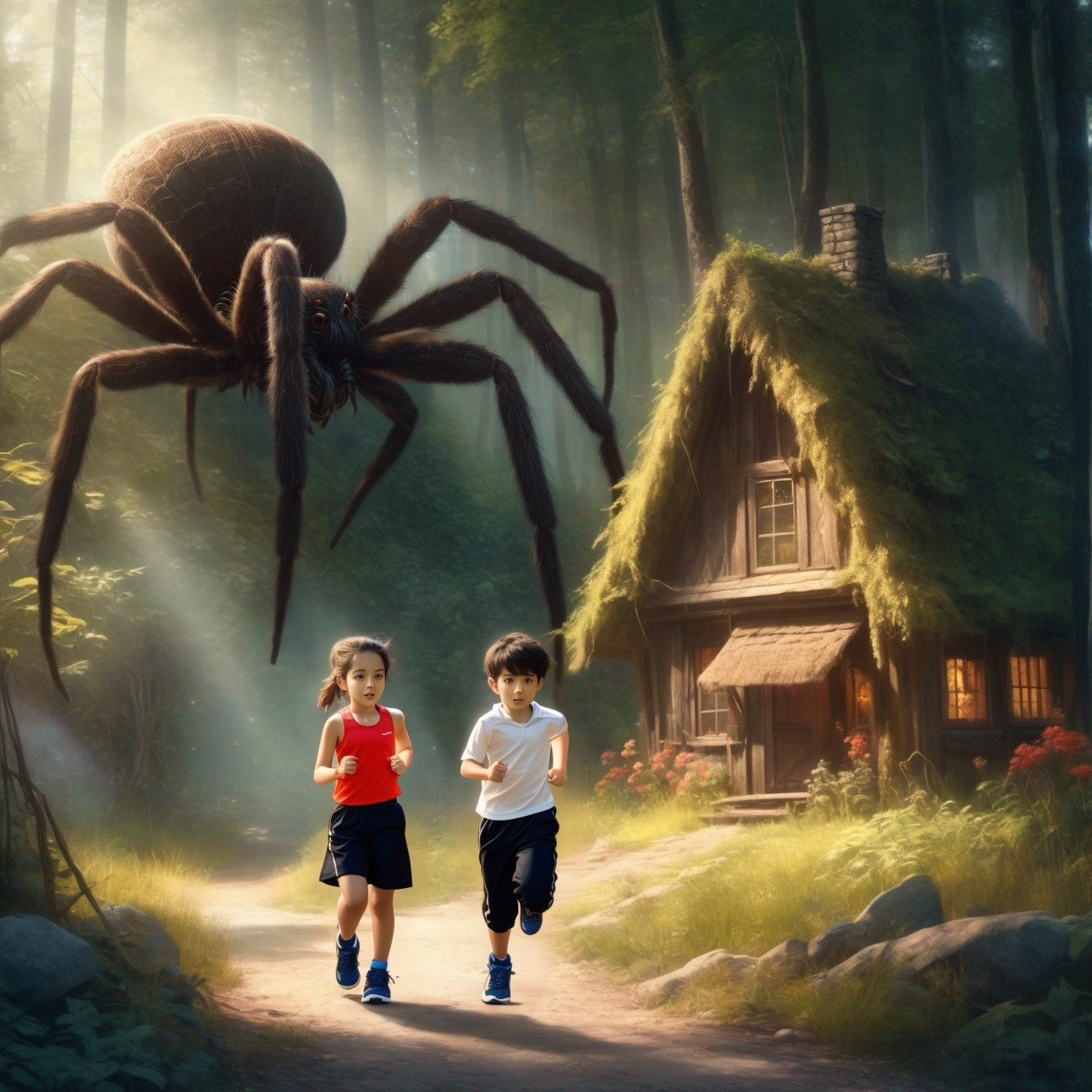 Children Running in a Mystical Forest with Spider