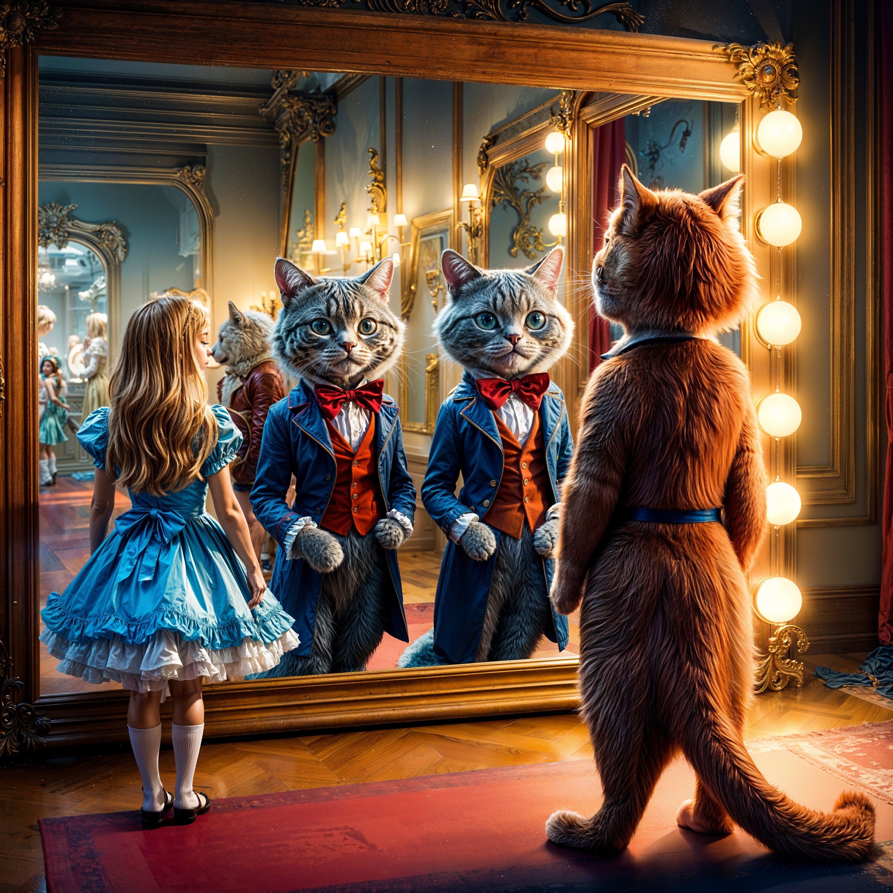 Whimsical Scene of a Girl and Dapper Cats in Mirrors