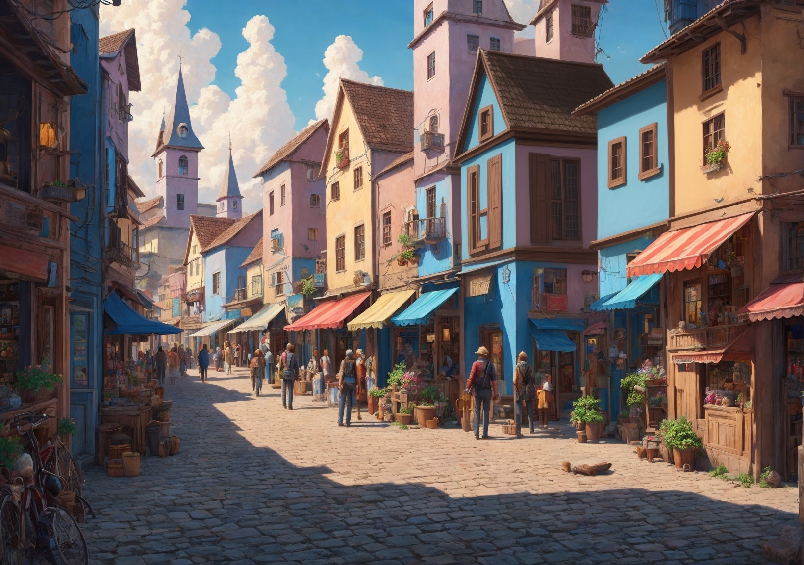 Colorful Vintage Town Cobblestone Street with Market Stalls