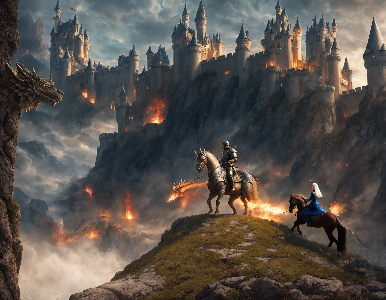 Knight and Woman Approaching Fiery Castle with Dragon